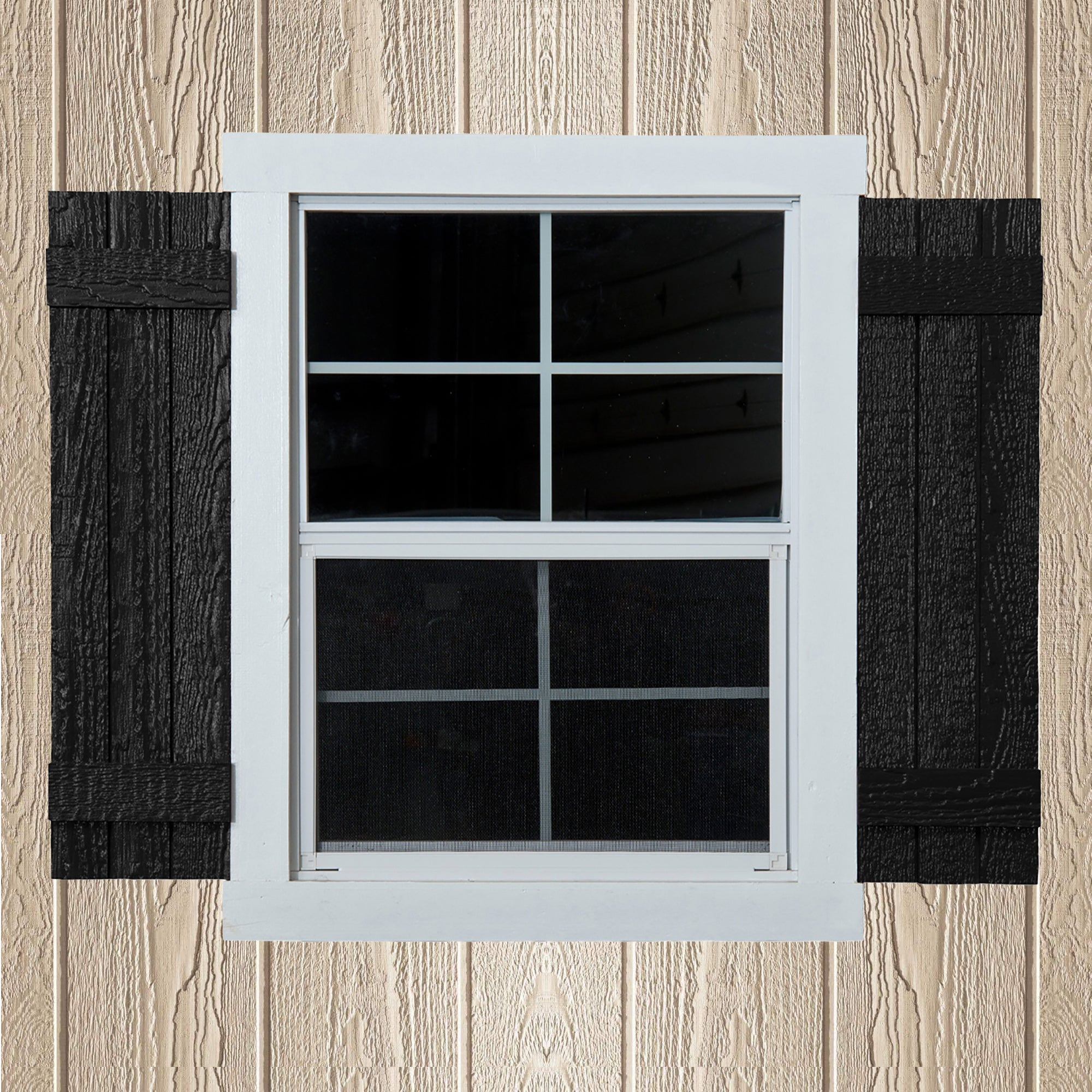 Window with black shutters on a wooden background Window with black shutters on a wooden background