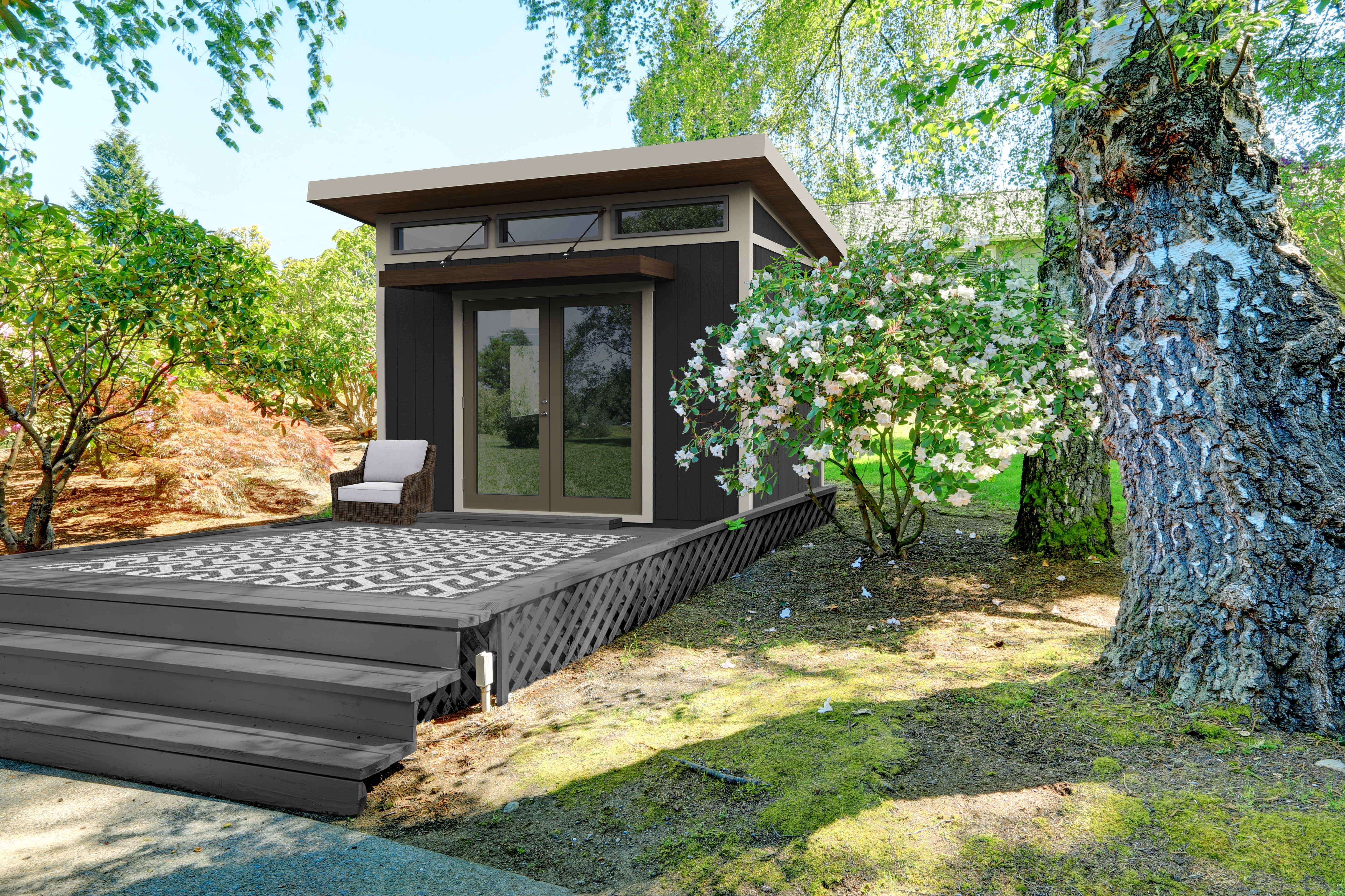 Stunning spacious shed in backyard on a deck Stunning spacious shed in backyard on a deck