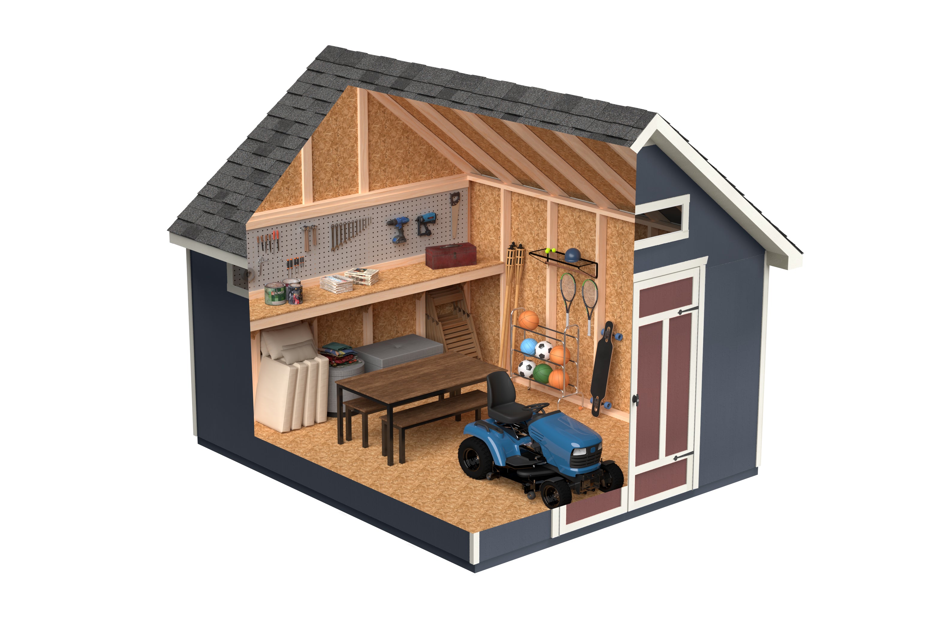 3D cutaway view of a storage shed interior, showing tools, sports equipment, a workbench, and a riding mower. 3D cutaway view of a storage shed interior, showing tools, sports equipment, a workbench, and a riding mower.