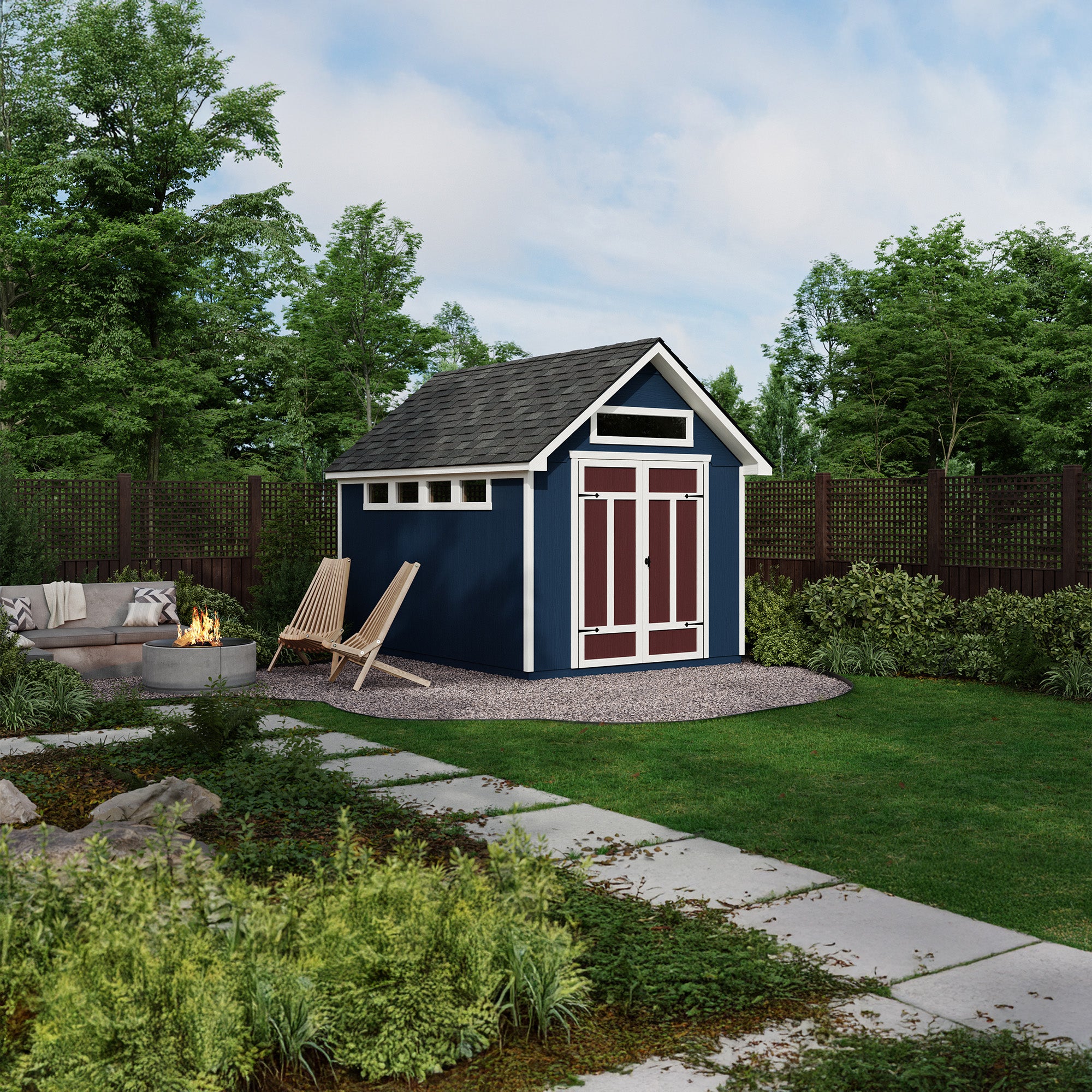 Backyard storage shed with decorative double doors, transom windows, and a fire pit seating area nearby.  Backyard storage shed with decorative double doors, transom windows, and a fire pit seating area nearby.