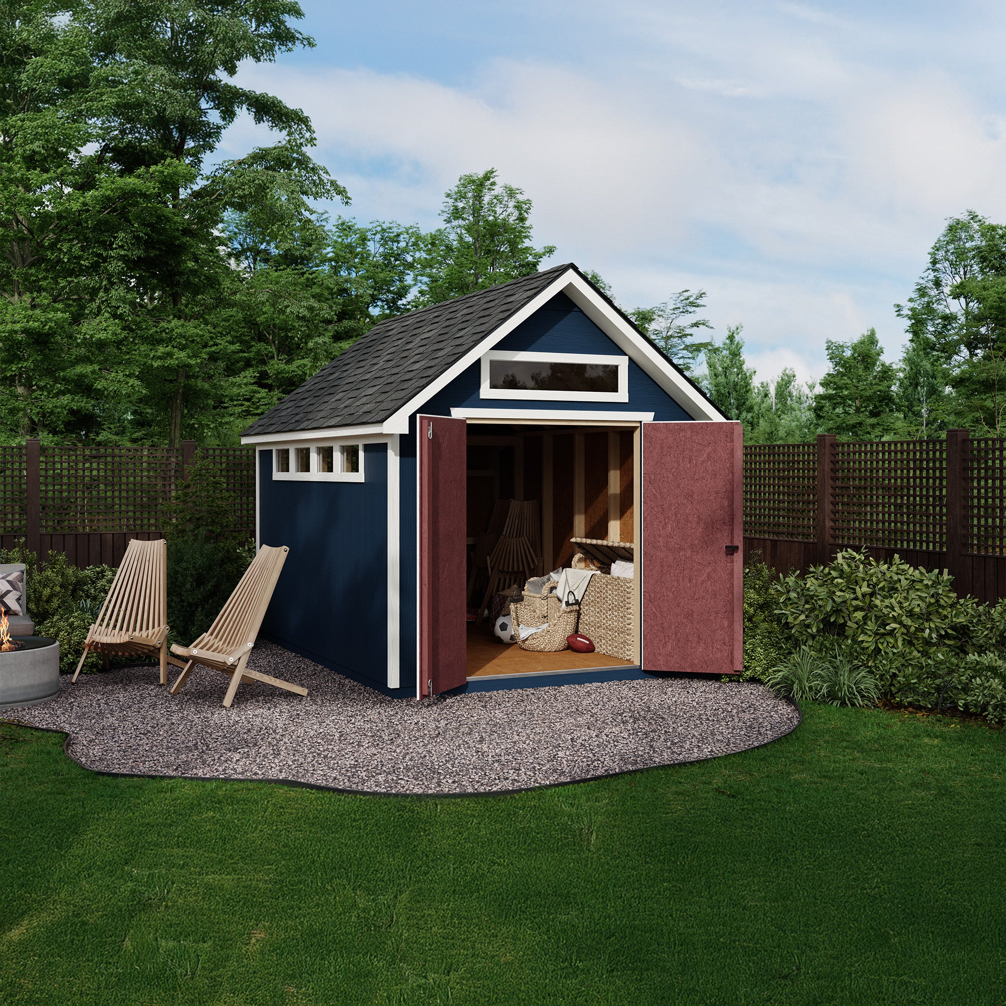 Backyard storage shed with open double doors, showing an organized interior and outdoor seating nearby. Backyard storage shed with open double doors, showing an organized interior and outdoor seating nearby.