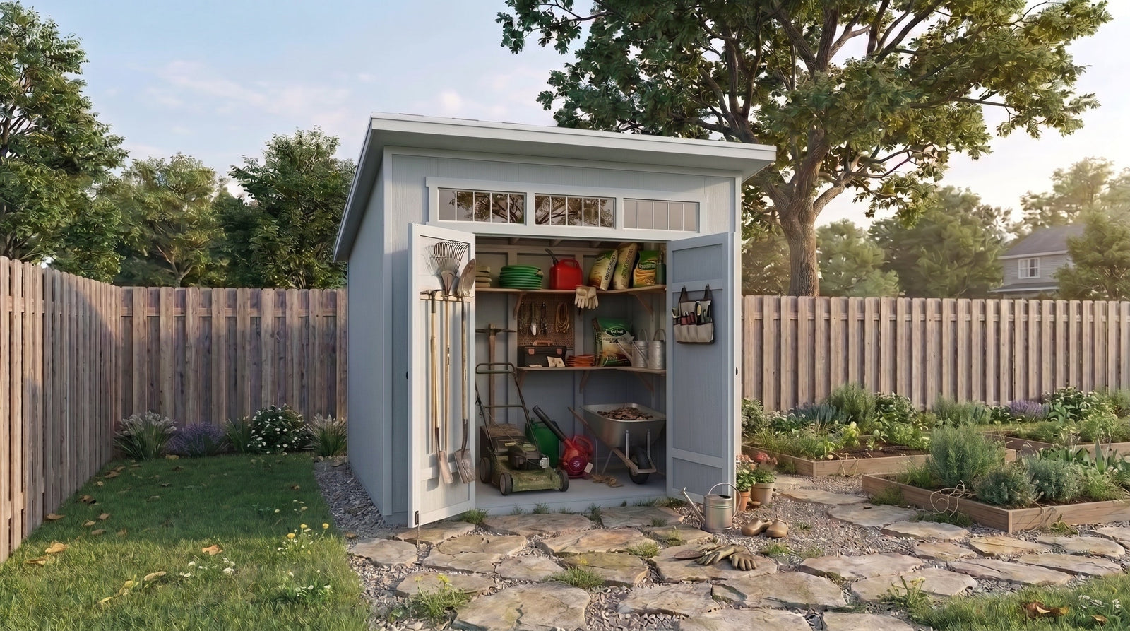 Light-gray Shed Liquidators Spokane backyard storage shed with open double doors, lawn equipment, and organized garden tools.