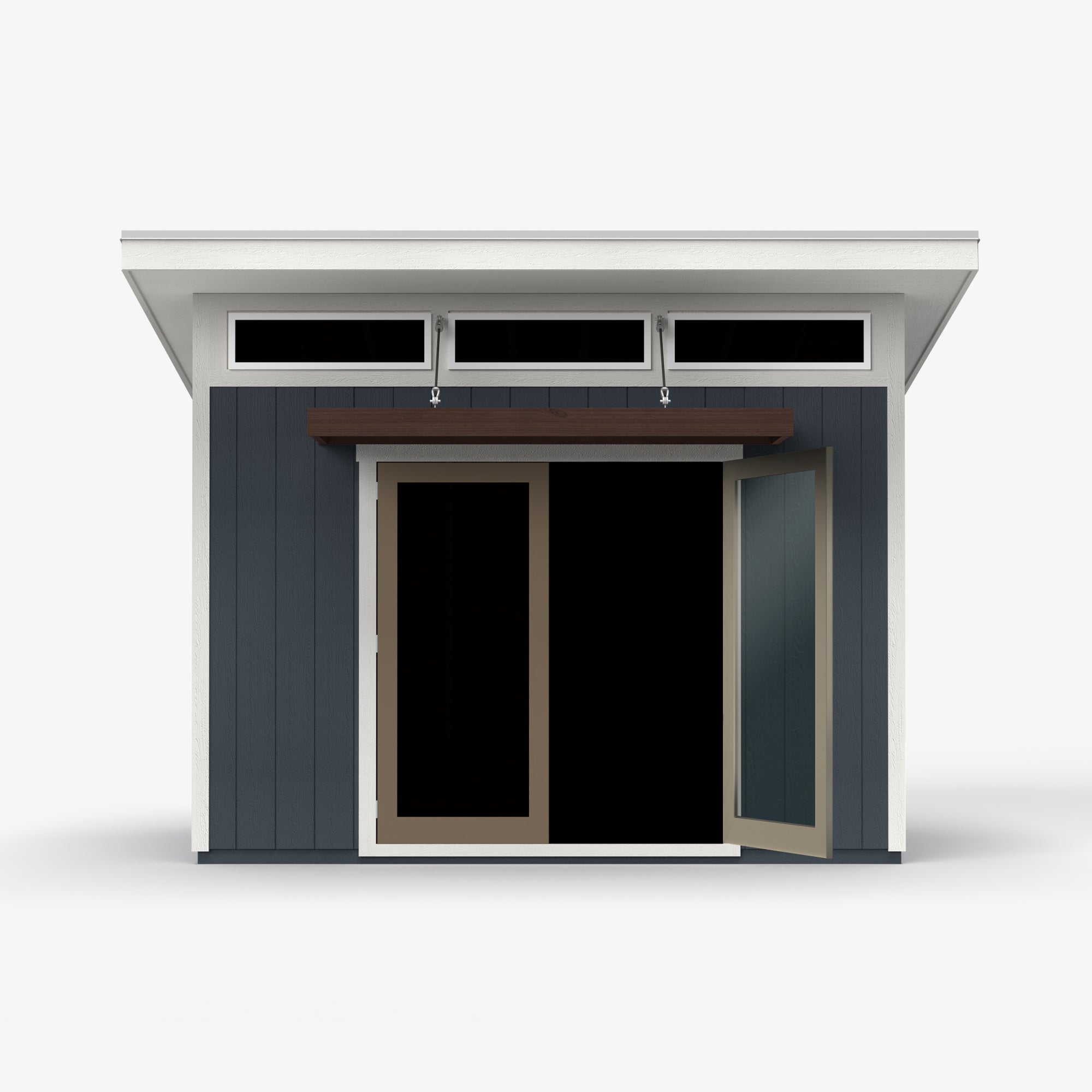 Modern shed with a light brown framed sliding door, featuring a wooden overhang and large windows above the door.