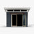 Modern shed with a light brown framed sliding door, featuring a wooden overhang and large windows above the door.