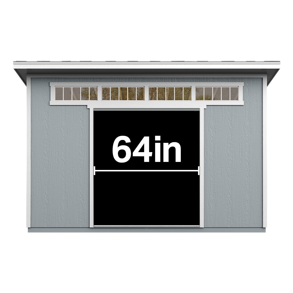 Backyard shed with 64-inch wide double doors and transom windows, featuring a modern gray wood panel exterior.