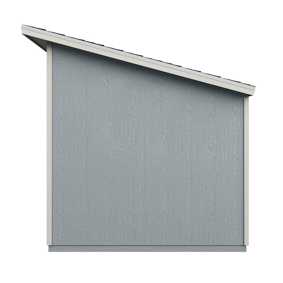 Side view of a modern backyard shed with a slanted roof and gray wood panel siding.