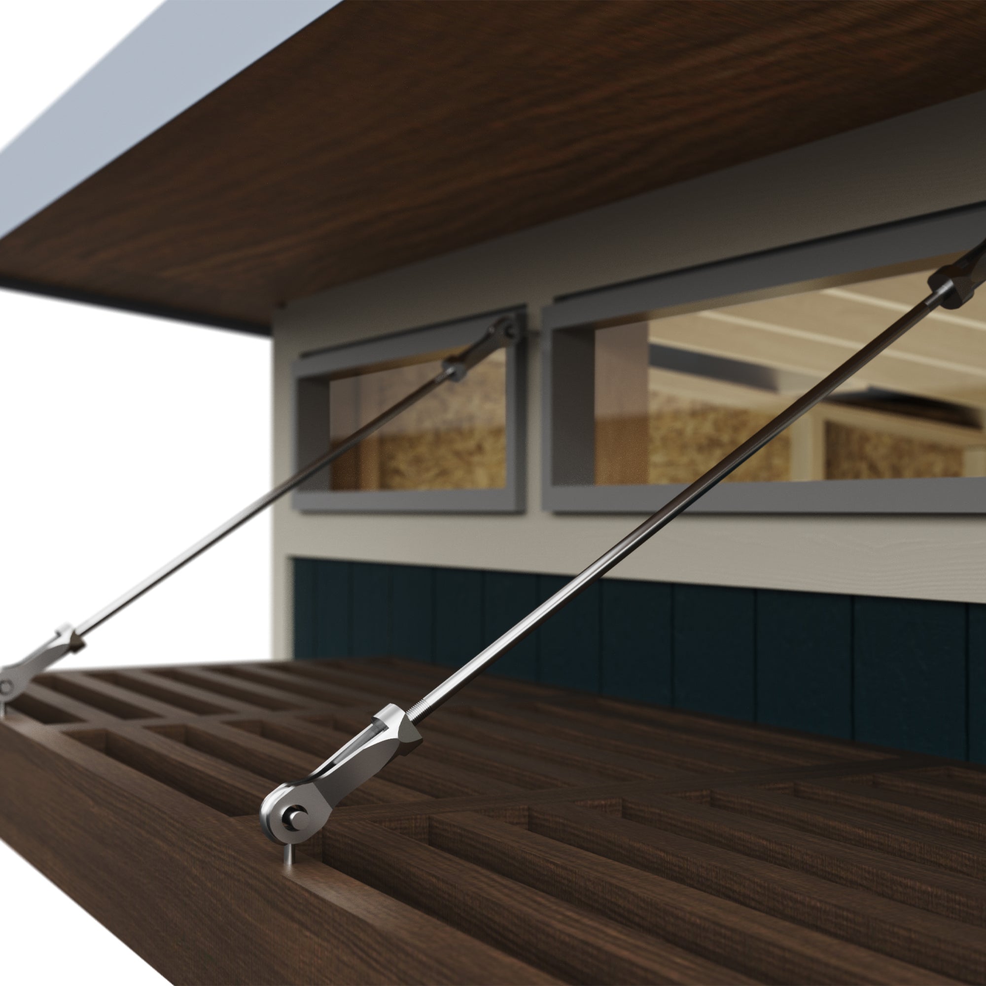 Close-up of a modern shed’s window with a wooden roof overhang, featuring metal support cables and sleek glass windows