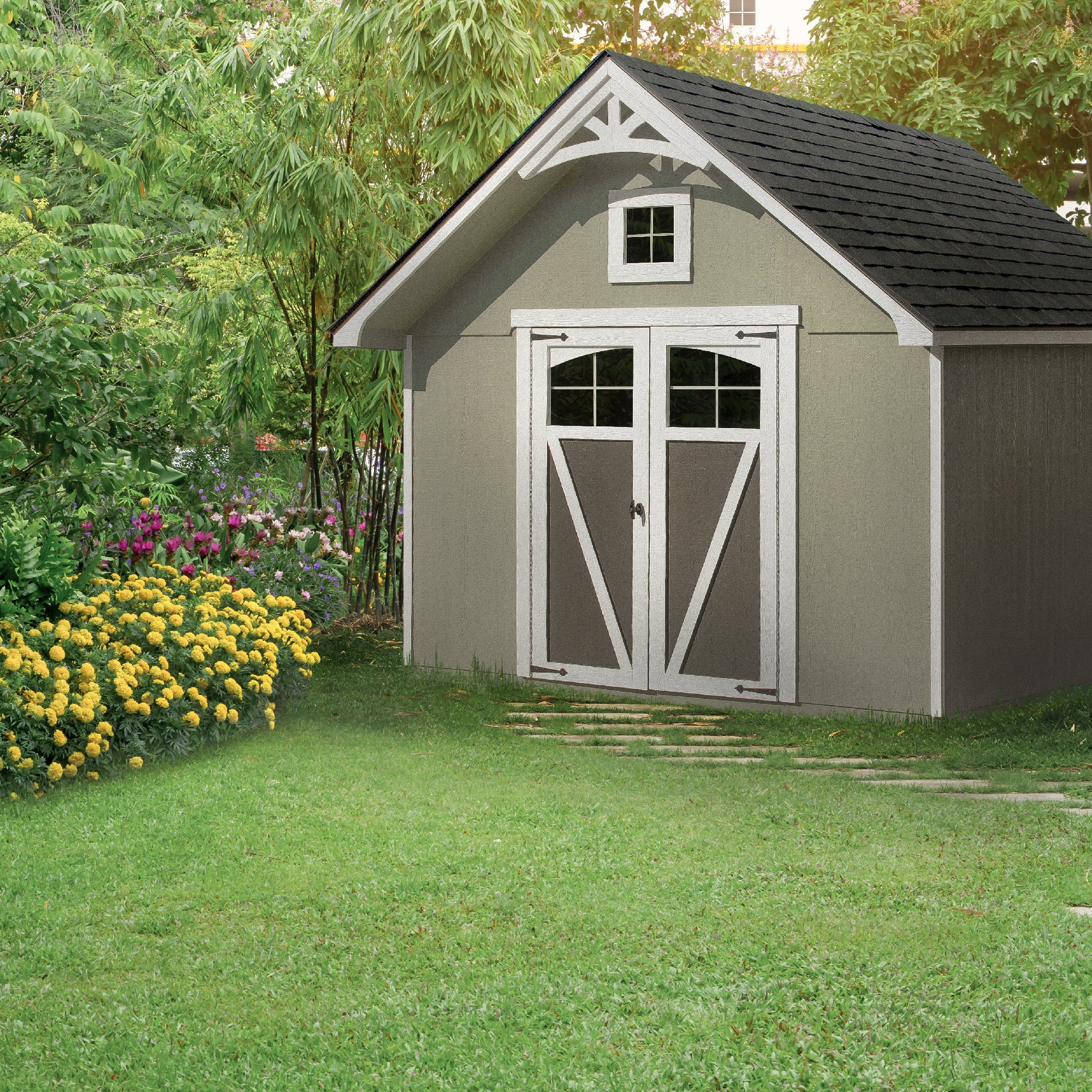 Spacious storage shed in backyard with flowers