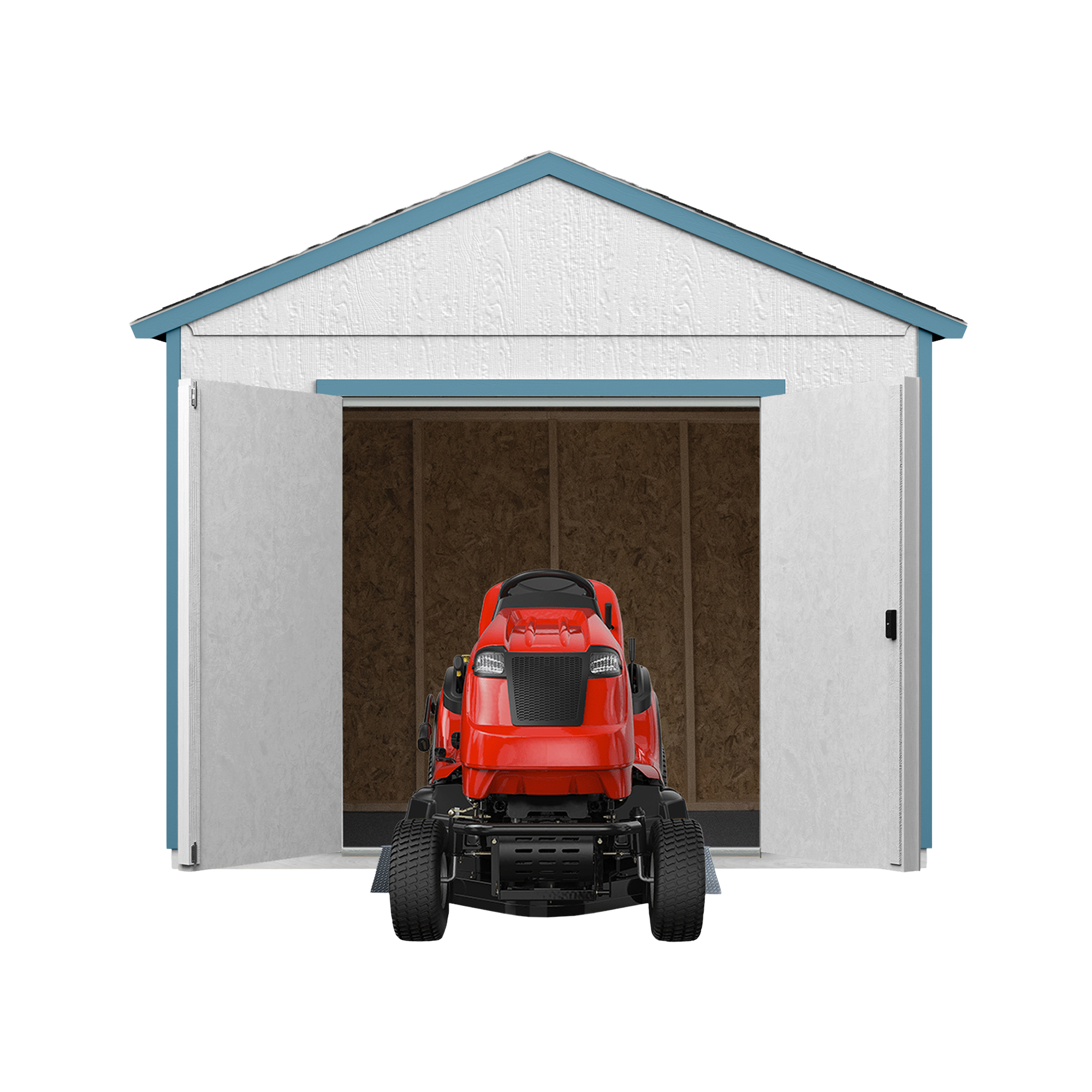 Storage shed with open double doors and a riding lawn mower parked at the entrance.